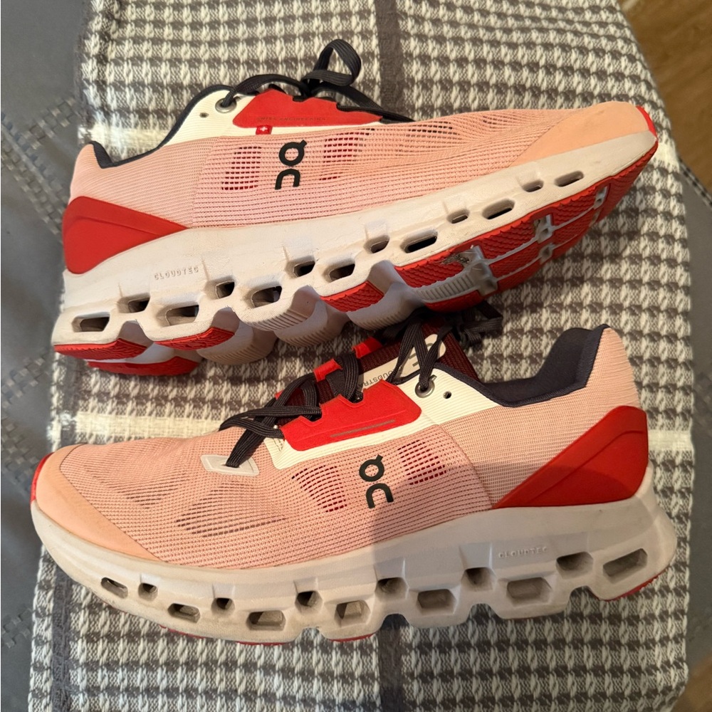 On Running Coral and Crimson Athletic Shoes